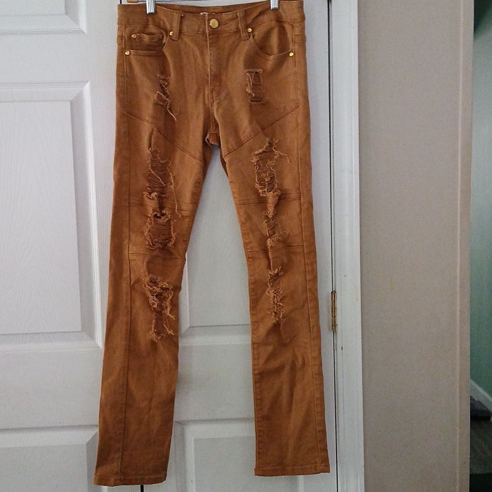 Argonaut Jeans rusty brown color distressed stretch ultra slim jeans Sz 32/34